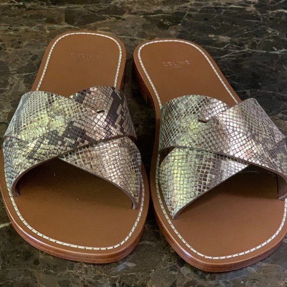 NWOT Celine Gold Snakeskin Sandals - Picture 1 of 7